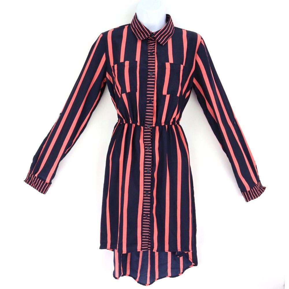 Xhilaration Dress Womens S‎ Dark Blue (Almost Black) Peach Pink Striped Pockets